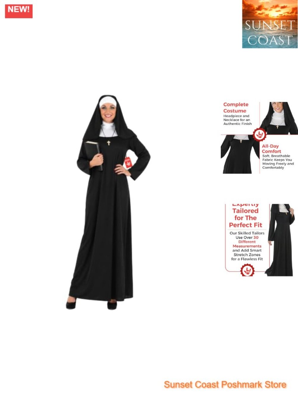 Nun Costume for Women Long Black Dress Headpiece Cross Necklace Halloween